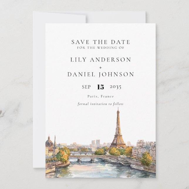 Reserva La Fecha Watercolor París Francia Boda de destino (Anverso)