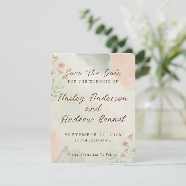 Reserva La Fecha Watercolor Peach & Green Minimal Wedding (Anverso de pie)