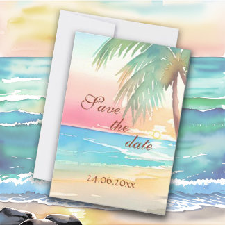 Reserva La Fecha Watercolor Tropical Beach Wedding