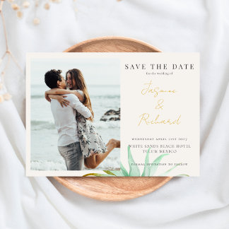 Reserva La Fecha Watercolor Tropical Palm Destination Wedding Photo