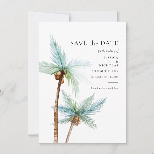 Reserva La Fecha Watercolor Tropical Trees Wedding (Anverso)