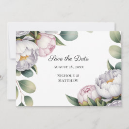 Reserva La Fecha Watercolor White Peonies Wedding