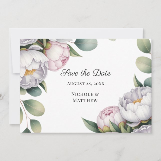 Reserva La Fecha Watercolor White Peonies Wedding (Anverso)