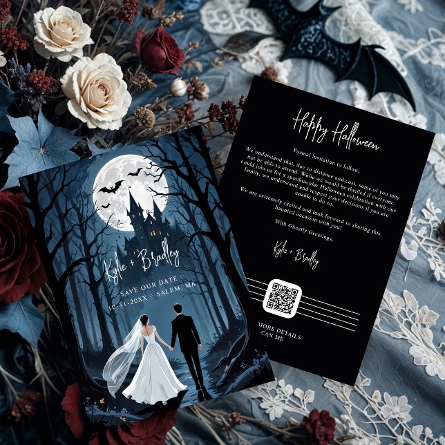 Reserva La Fecha Wedding Couple Spooky Forest Toward Haunted Castle (Wedding Couple in Spooky Forest Toward Haunted Castle Save the Dates Cards with QR Code.)