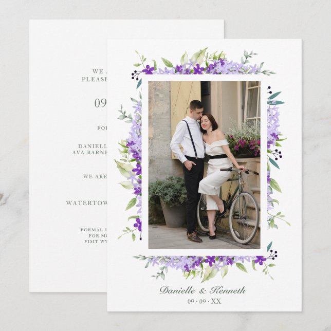 Reserva La Fecha Wedding Purple Shades Flowers & Branches Photo (Anverso / Reverso)