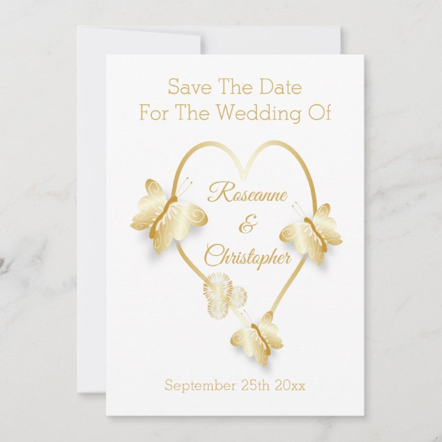 Reserva La Fecha Wedding Save The Date Gold Colour Heart Butterfly (Anverso)