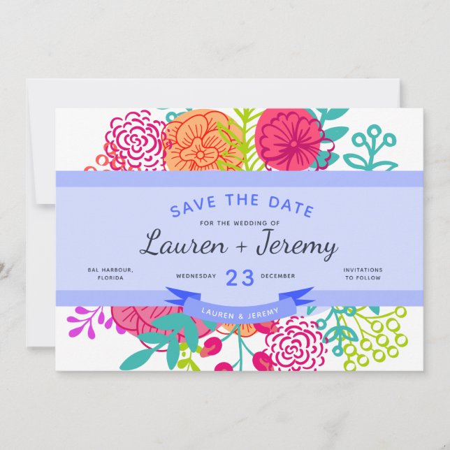 Reserva La Fecha Wedding Save the Date Modern Blue Ribbon Floral (Anverso)