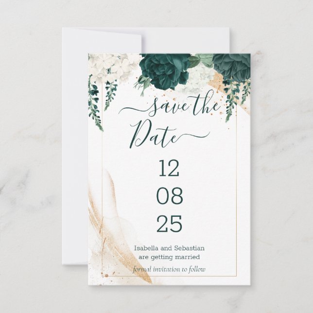 Reserva La Fecha Wedding White Save the Date Emerald Green (Anverso)