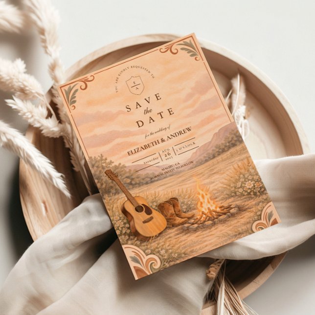 Reserva La Fecha Western Campfire Guitar Meadow Wedding (Subido por el creador)