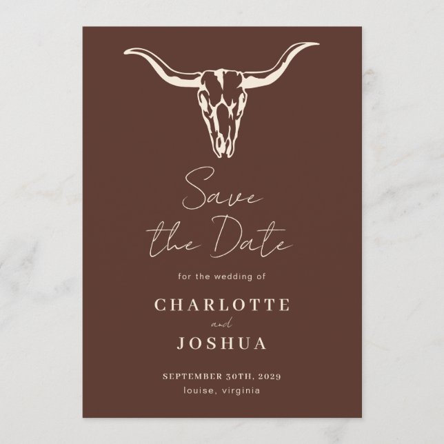 Reserva La Fecha Western Save the Date | Rustic Boho Cow Skull (Anverso)