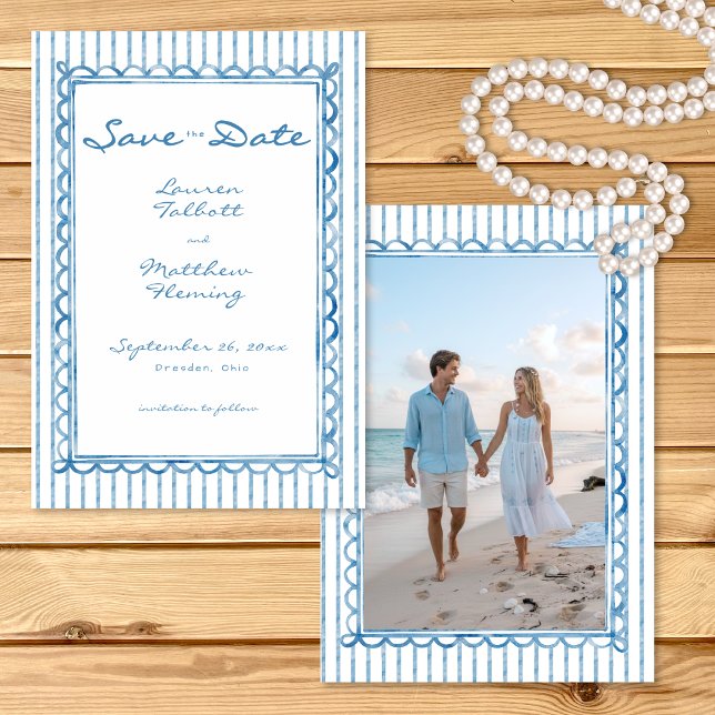 Reserva La Fecha Whimsical Blue Watercolor Stripe Photo Wedding (Whimsical Blue Watercolor Stripe Photo Wedding Save The Date)