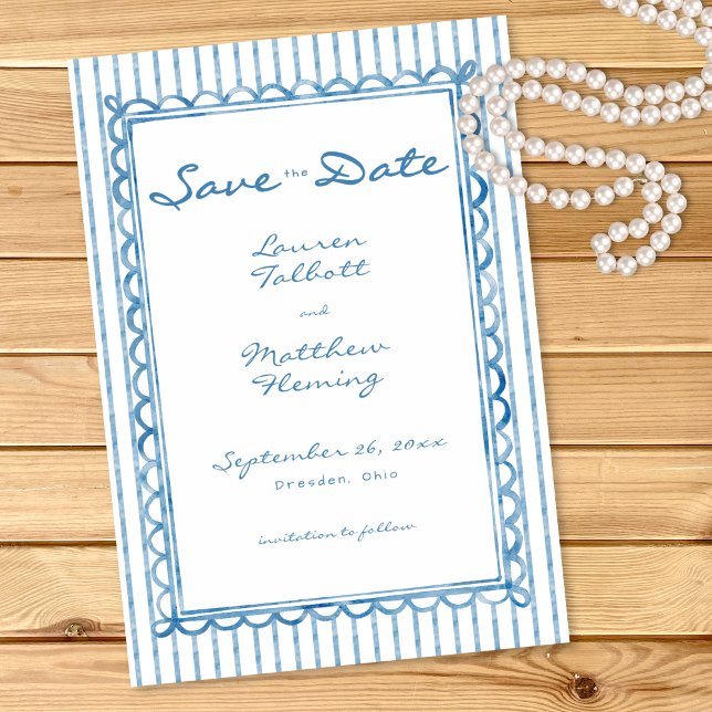 Reserva La Fecha Whimsical Blue White Watercolor Stripe Wedding (Whimsical Blue White Watercolor Stripe Wedding Save The Date)