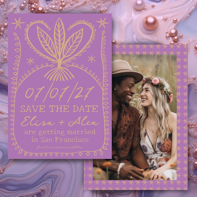 Reserva La Fecha Whimsical Boho Frame SAVE LA FOTO DEL PERSONALIZAD (Whimsical Boho Frame SAVE THE DATE CUSTOM PHOTO
Purple Gold Botanical)