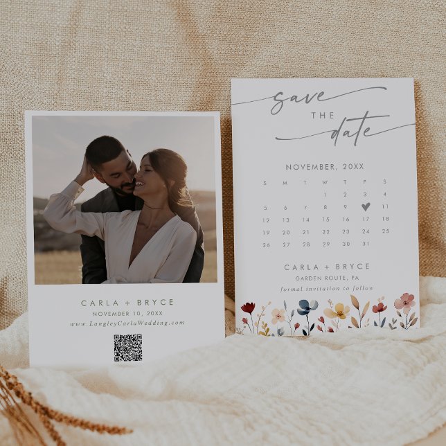 Reserva La Fecha Whimsical Boho Wildflower QR Code Photo Calendar  (Subido por el creador)