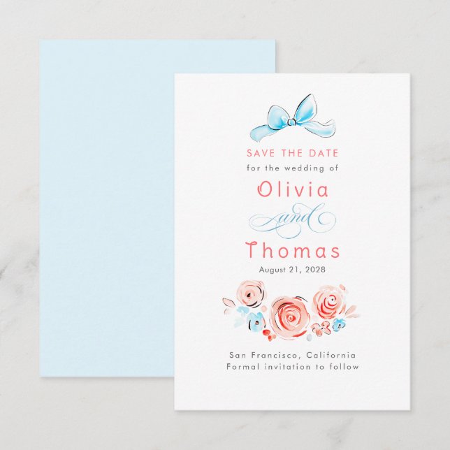 Reserva La Fecha Whimsical Cute Pastel Flowers Bow Save the Date (Anverso / Reverso)