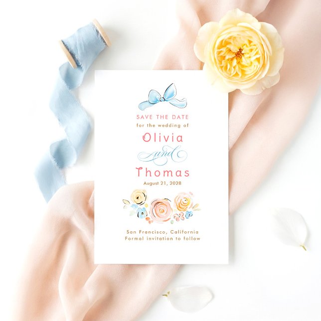 Reserva La Fecha Whimsical Cute Pastel Flowers Bow Save the Date (Quirky Bow Pastel Save The Date Card)