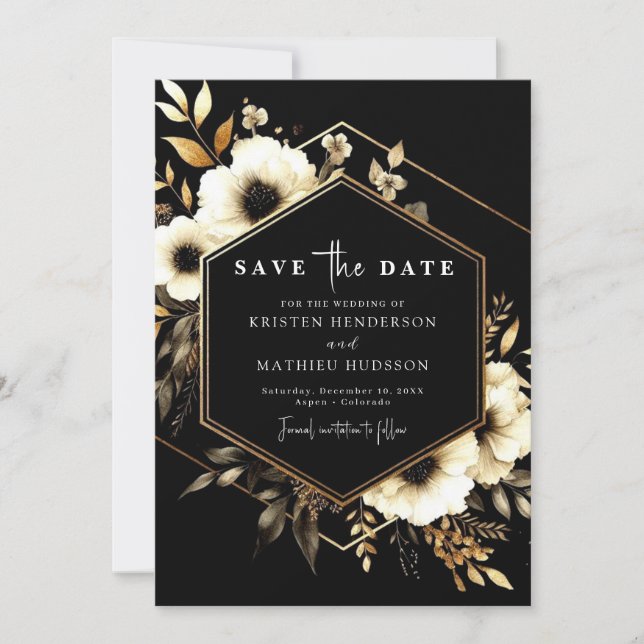 Reserva La Fecha Whimsical Digital Gold y Boda negro (Anverso)