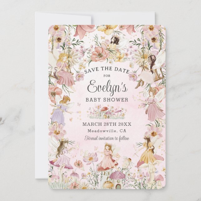 Reserva La Fecha Whimsical Fairies Baby Shower Flower Garden Meadow (Anverso)