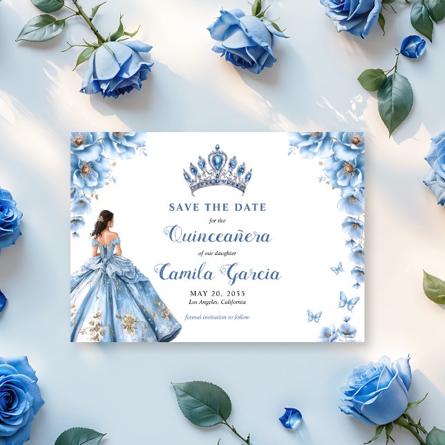 Reserva La Fecha Whimsical Floral Dusty Azul Tiara Quinceañera (Subido por el creador)