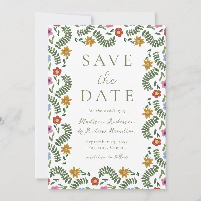 Reserva La Fecha Whimsical Folk Art Floral Wedding (Anverso)