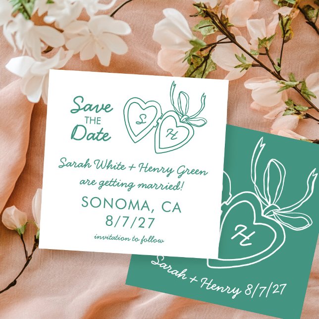 Reserva La Fecha Whimsical Heart Locket Doodle Sketch Modern CUSTOM (Whimsical Heart Locket Doodle Sketch Modern CUSTOM Save The Date Green White Card
)