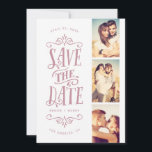Reserva La Fecha Whimsical Mod 3-Photo Save The Date | Malva<br><div class="desc">Anuncie su fecha con estilo con esta foto de 3-guardar la tarjeta de fecha con tipografía en negrita. El reverso presenta un patrón rayado y una foto y texto adicionales.</div>