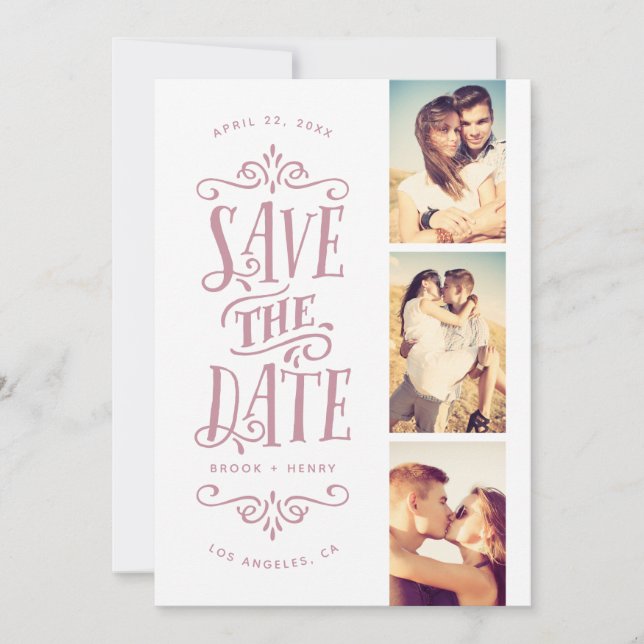 Reserva La Fecha Whimsical Mod 3-Photo Save The Date | Malva (Anverso)