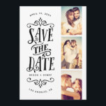Reserva La Fecha Whimsical Mod 3-Photo Save The Date | Negra<br><div class="desc">Anuncie su fecha con estilo con esta foto de 3-guardar la tarjeta de fecha con tipografía en negrita. El reverso presenta un patrón rayado y una foto y texto adicionales.</div>