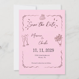 Reserva La Fecha Whimsical Pink Hand Drawn Illustrated Wedding 