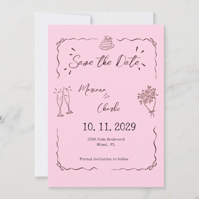 Reserva La Fecha Whimsical Pink Hand Drawn Illustrated Wedding  (Anverso)