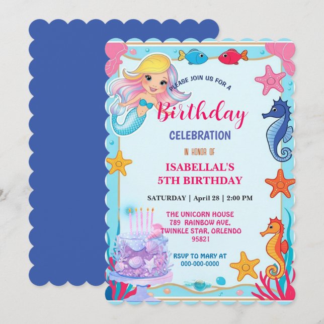 Reserva La Fecha whimsical rainbow mermaid seahori star cumpleaños (Anverso / Reverso)