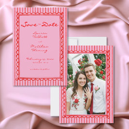 Reserva La Fecha Whimsical Red Pink Watercolor Stripe Photo Wedding