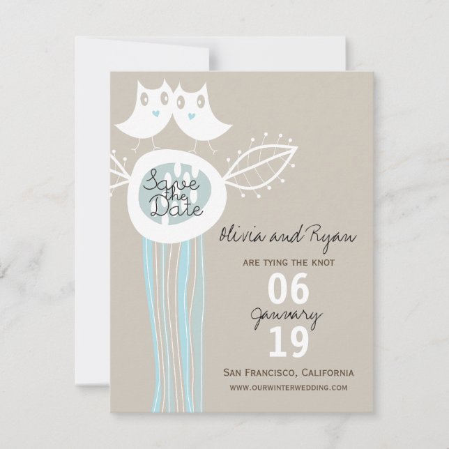 Reserva La Fecha Whimsical Rustic Blue Owls Photo Save The Date (Anverso)
