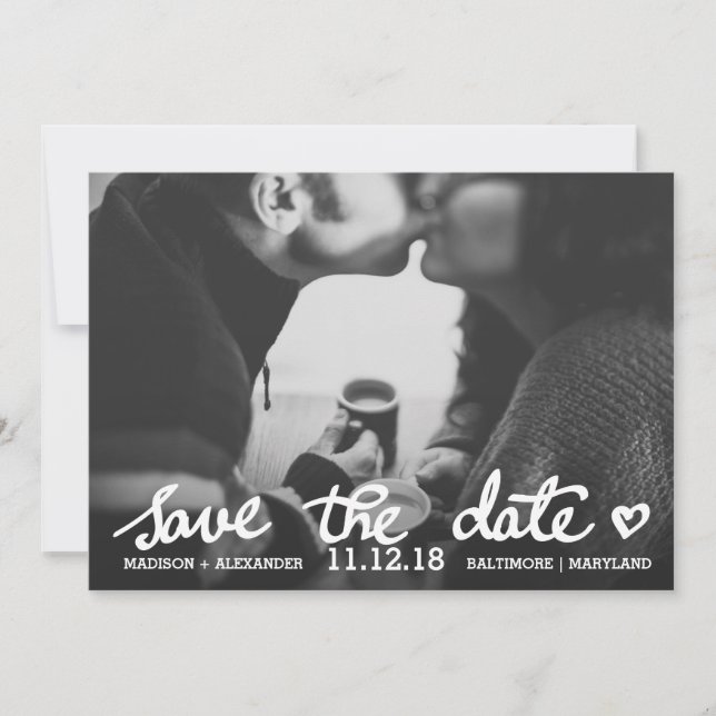 Reserva La Fecha Whimsical Save The Date Cute Heart Script Photo (Anverso)