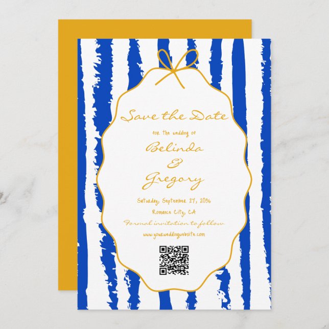 Reserva La Fecha Whimsical Stripes Handwritten Painted Wedding  (Anverso / Reverso)