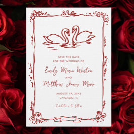 Reserva La Fecha Whimsical Swans Doodle Love Birds Red Wedding