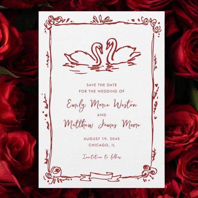 Reserva La Fecha Whimsical Swans Doodle Love Birds Red Wedding (Subido por el creador)