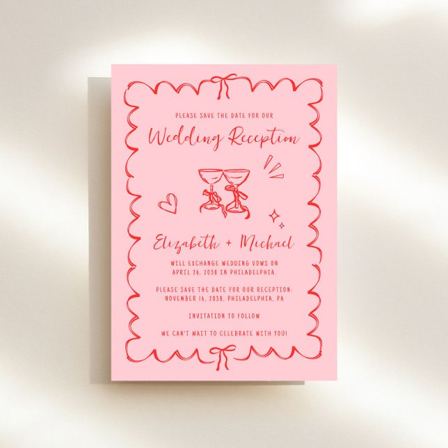 Reserva La Fecha Whimsical Wavy Frame Photo Wedding Reception (Fun wedding reception save the date featuring whimsical hand drawn wine glasses with hearts + bows)