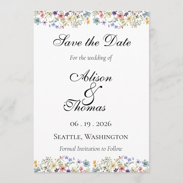 Reserva La Fecha Whimsical Wildflower Meadow Wedding Save The Date (Anverso)