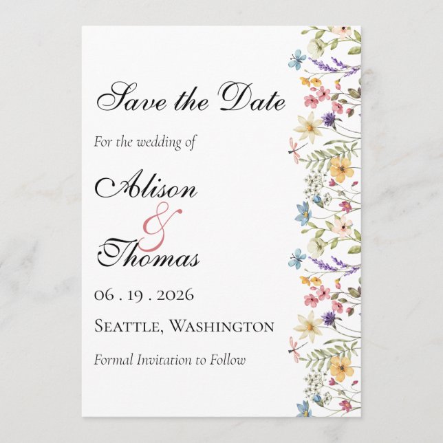 Reserva La Fecha Whimsical Wildflower Meadow Wedding Save The Date (Anverso)