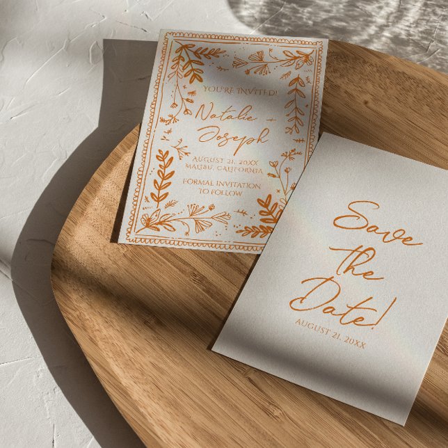 Reserva La Fecha Whimsy Orange Drawn Floral Garden Save The Date (Subido por el creador)