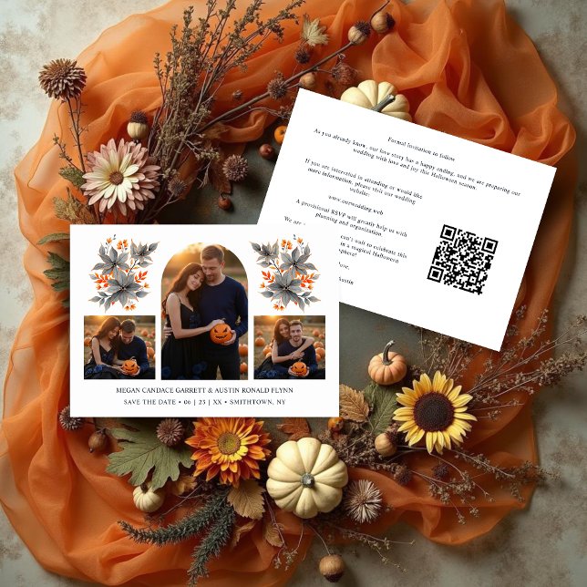 Reserva La Fecha White Climbing Arch Grey Bouquets 3-Photo Collage (Climbing Arch Grey Orange Bouquets 3-Photo Collage Wedding Save the Date Cards with QR Code.)
