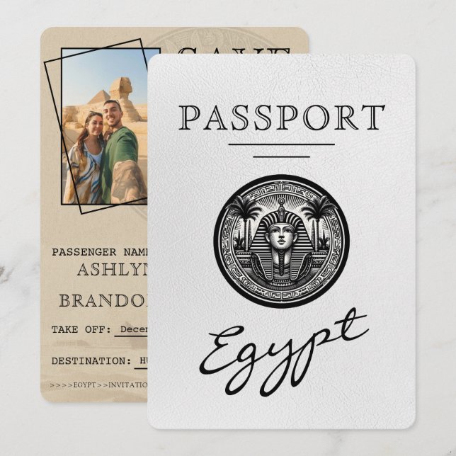 Reserva La Fecha White Egypt Passport Wedding Save the Date (Anverso / Reverso)