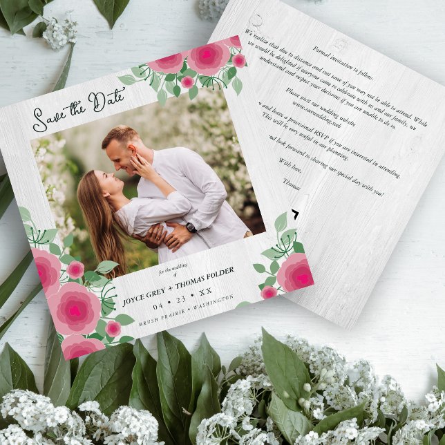 Reserva La Fecha White Wood Spring Blooming Pink Shades Wedding (White Wood Spring Blooming Pink Shades Wedding Photo Save the Date Card with Envelope.)