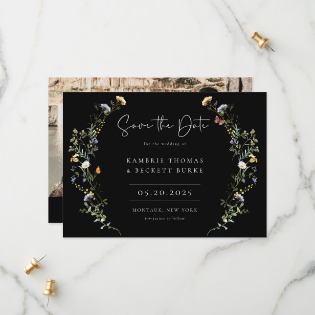 Reserva La Fecha Wild Meadow Wreath Floral Photo Black (Anverso/Reverso In Situ)