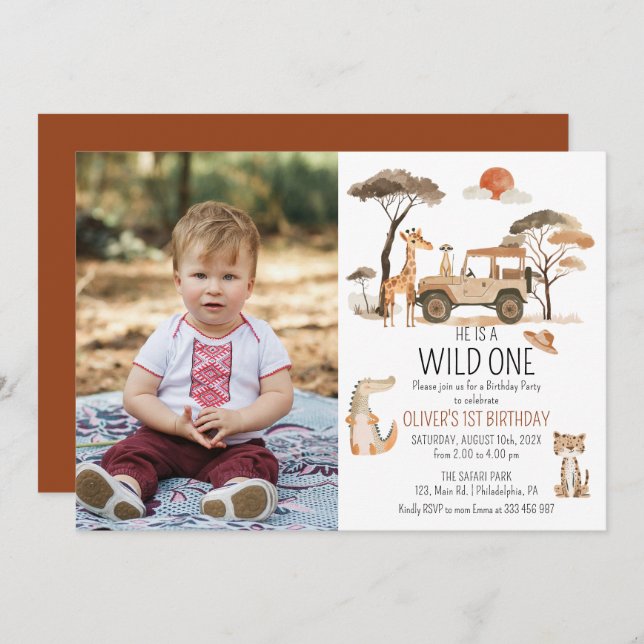 Reserva La Fecha Wild One Boy First Birthday Safari Photo (Anverso / Reverso)
