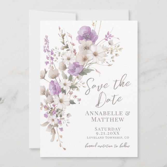 Reserva La Fecha Wildflower Elegant Purple Floral Wedding (Anverso)