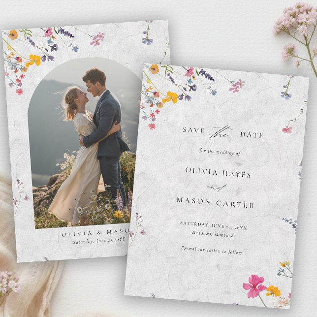Reserva La Fecha Wildflower Garden Modern Ivory Arch Photo Wedding (wildflower wedding photo save the date watercolor garden backyard barn summer spring ivory arch)
