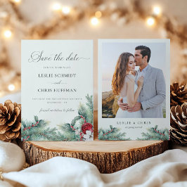 Reserva La Fecha Winter Berries & Pine Watercolor Green Photo