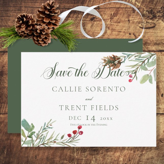 Reserva La Fecha Winter Pine Cone Berries Modern Save the Date Card (Subido por el creador)